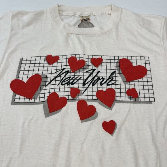 VTG 1980's NEW YORK Hearts Grid Tee/ 18.5" x 24"/ Screen Stars Tag - Picture 3 of 6